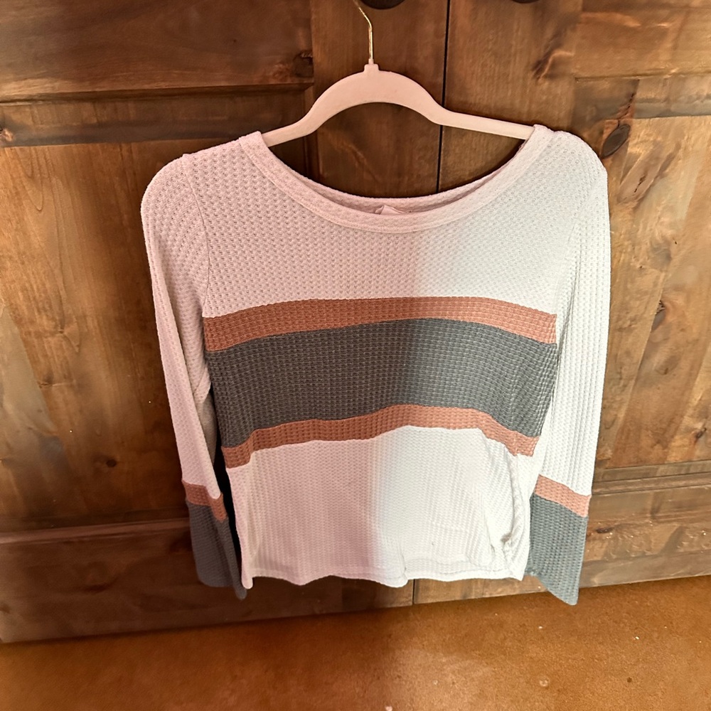 Women's Striped Knit Top - White, Gray, and Brown
